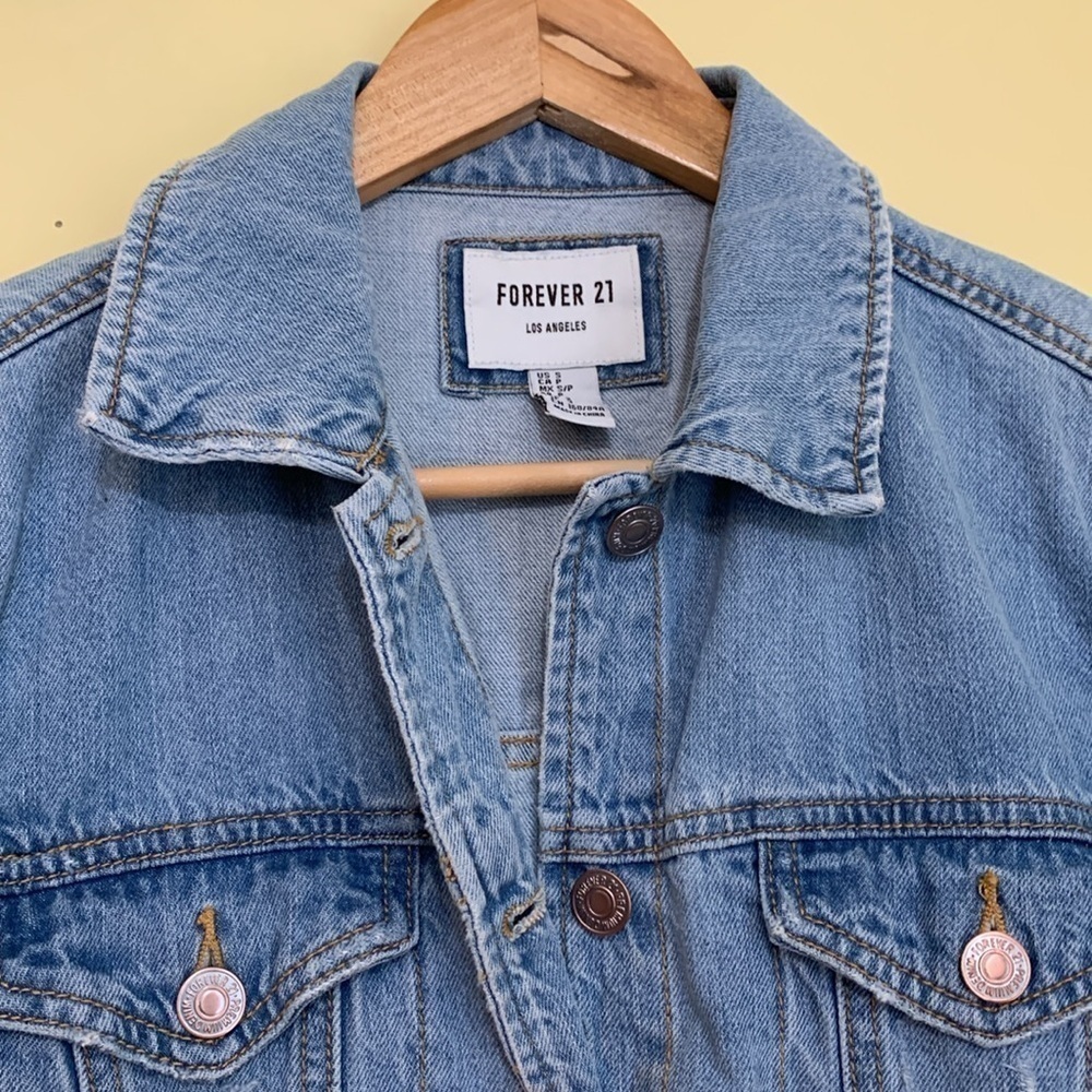 Forever 21 | Distressed Denim Blue Jean Button Down Jacket Small - Picture 4 of 14